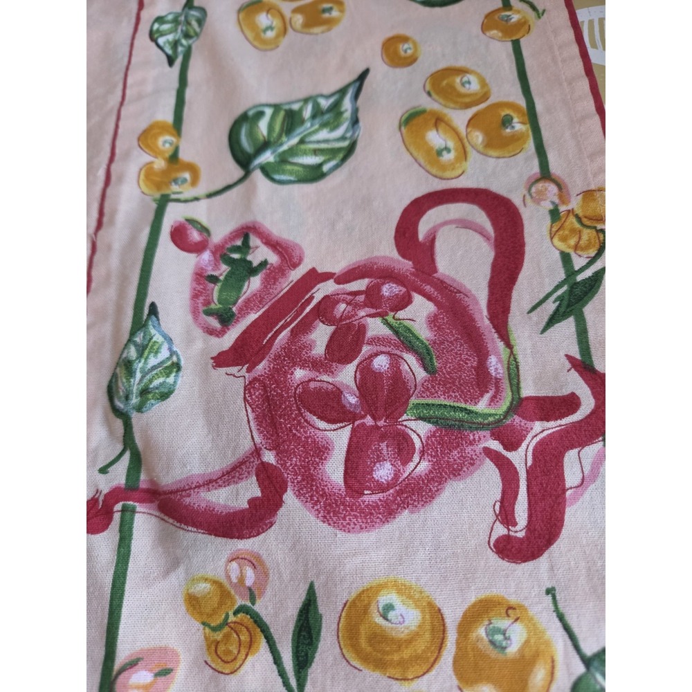 April Cornell Tablecloth 52x52 Square Peach Teapot Floral Border Unique